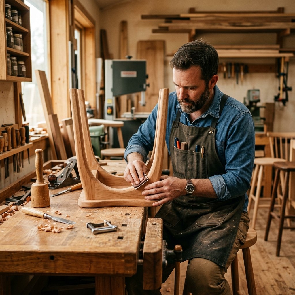 Master wood craftsman hand-planing solid teak timber at Ammar Ambience Atelier